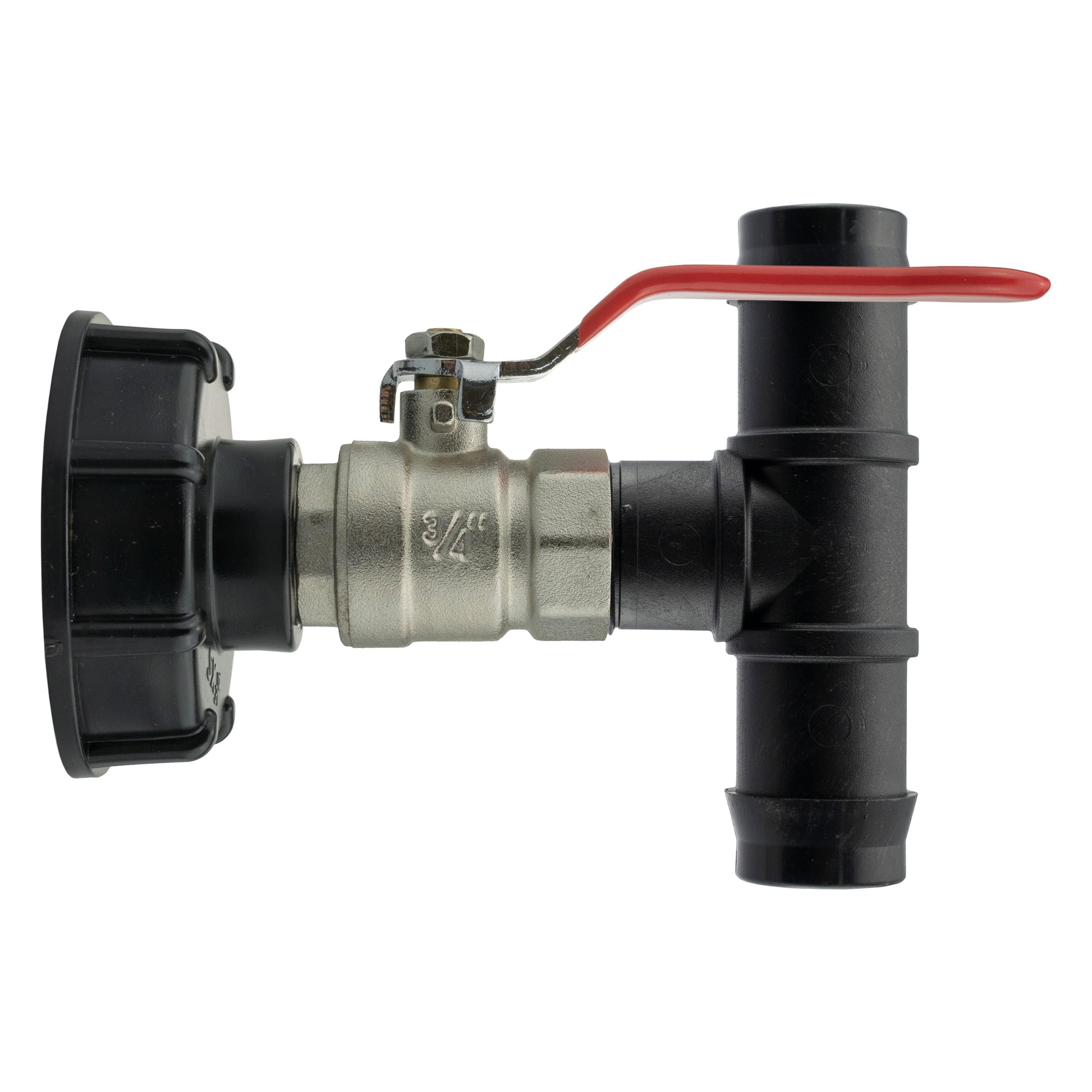 IBC 2” S60X6 cap with lever valve and 25mm barbed tee, red handle and black fittings