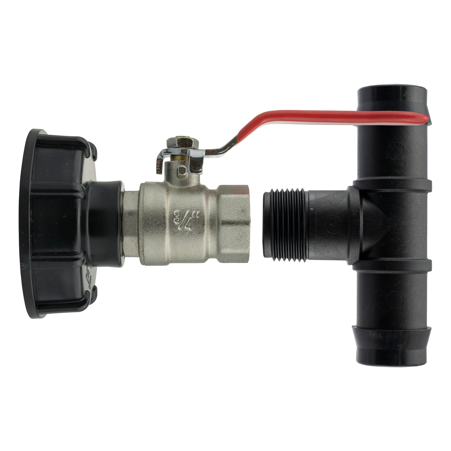 IBC lever valve with 25mm barbed outlet, black cap ends and red handle