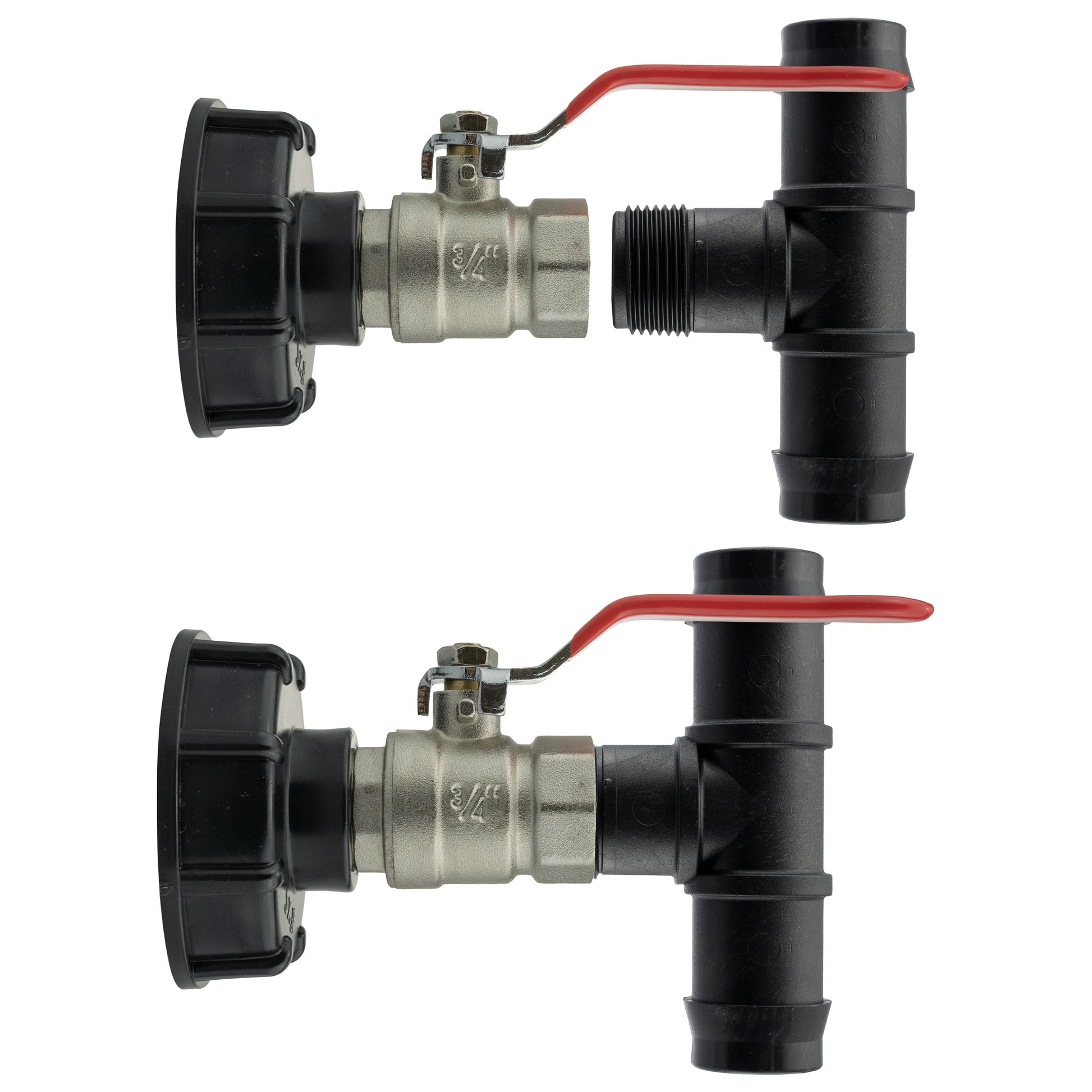 IBC cap lever valve with barbed tee connection, red lever and black plastic ports