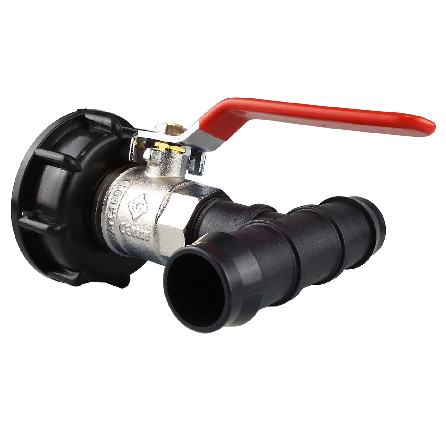 IBC lever valve close-up: silver metal body with red handle and black end connector