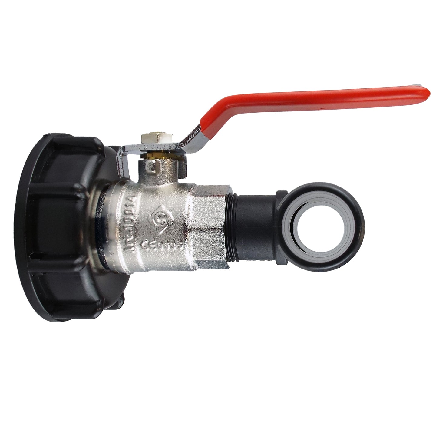 IBC 2” cap lever valve with 25mm barbed tee, red handle and rubber seal detail