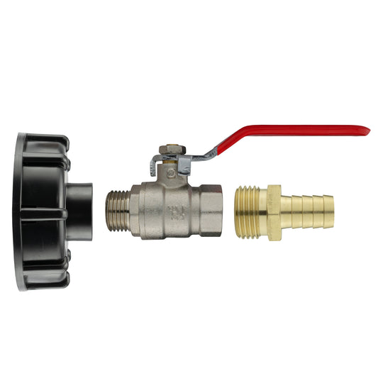 IBC cap valve with red lever handle and brass 13mm barb connector