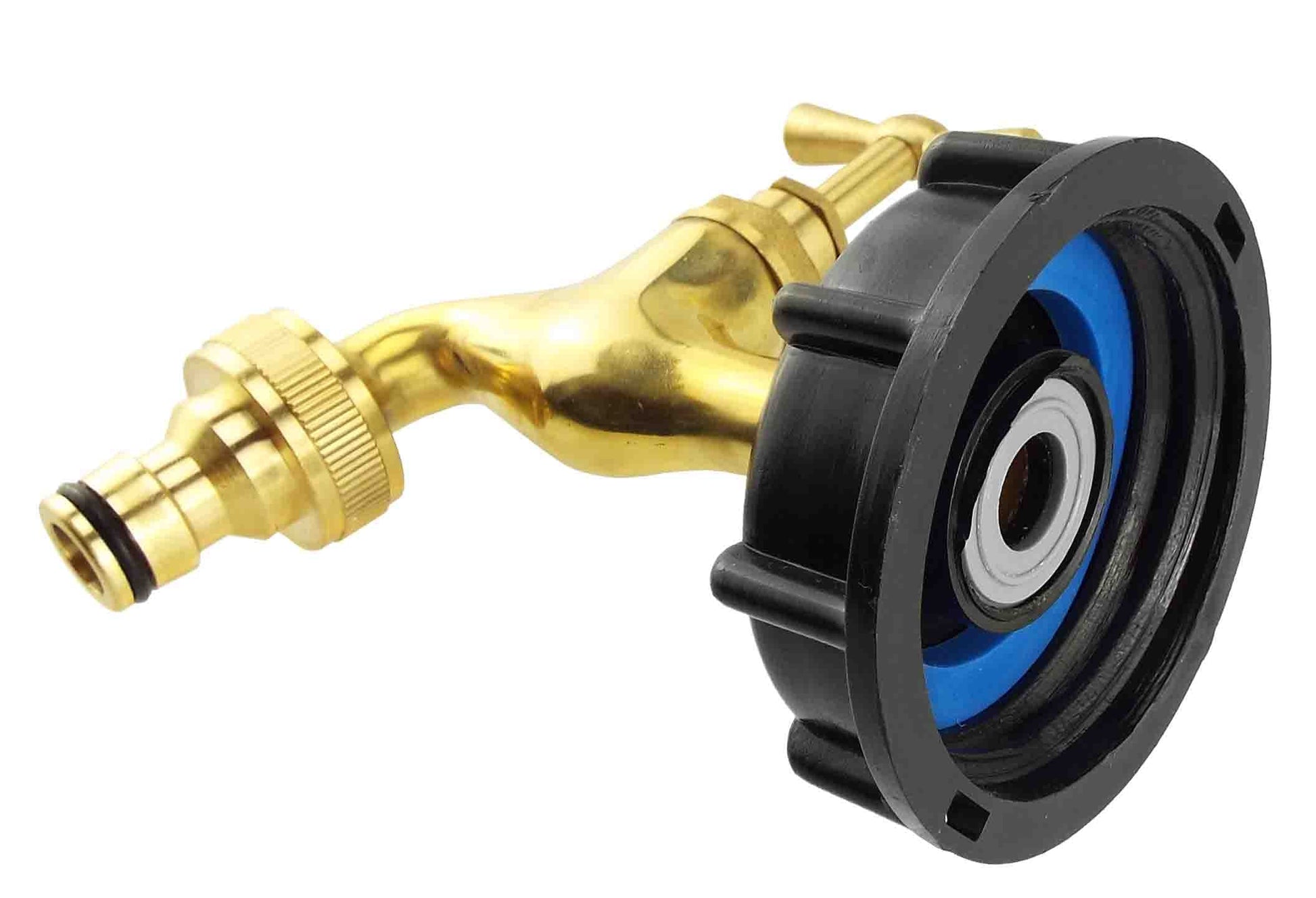 Quick-connect cap with black body and blue internal seal ring on brass tap fitting