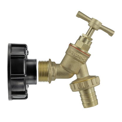 IBC KIT 002A brass tap valve with black cap and lever, threaded ports