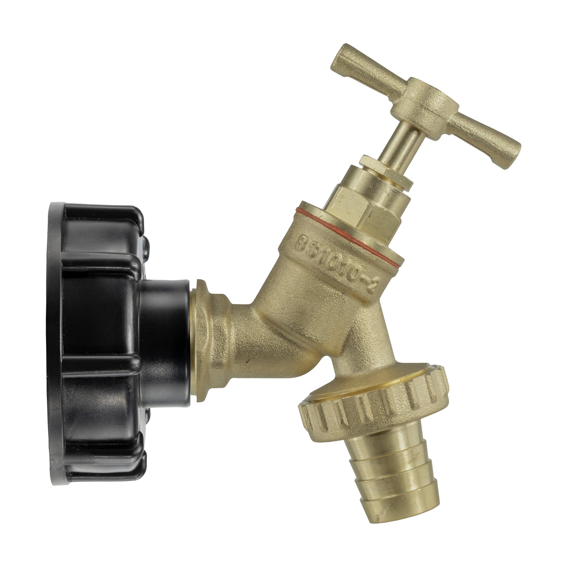 IBC KIT 002A brass valve with black inlet cap and side outlet, lever handle