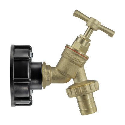 IBC KIT 002A brass valve with black inlet cap and side outlet, lever handle
