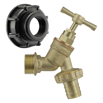 IBC KIT 002A brass valve with black threaded collar and cross lever, red O-ring