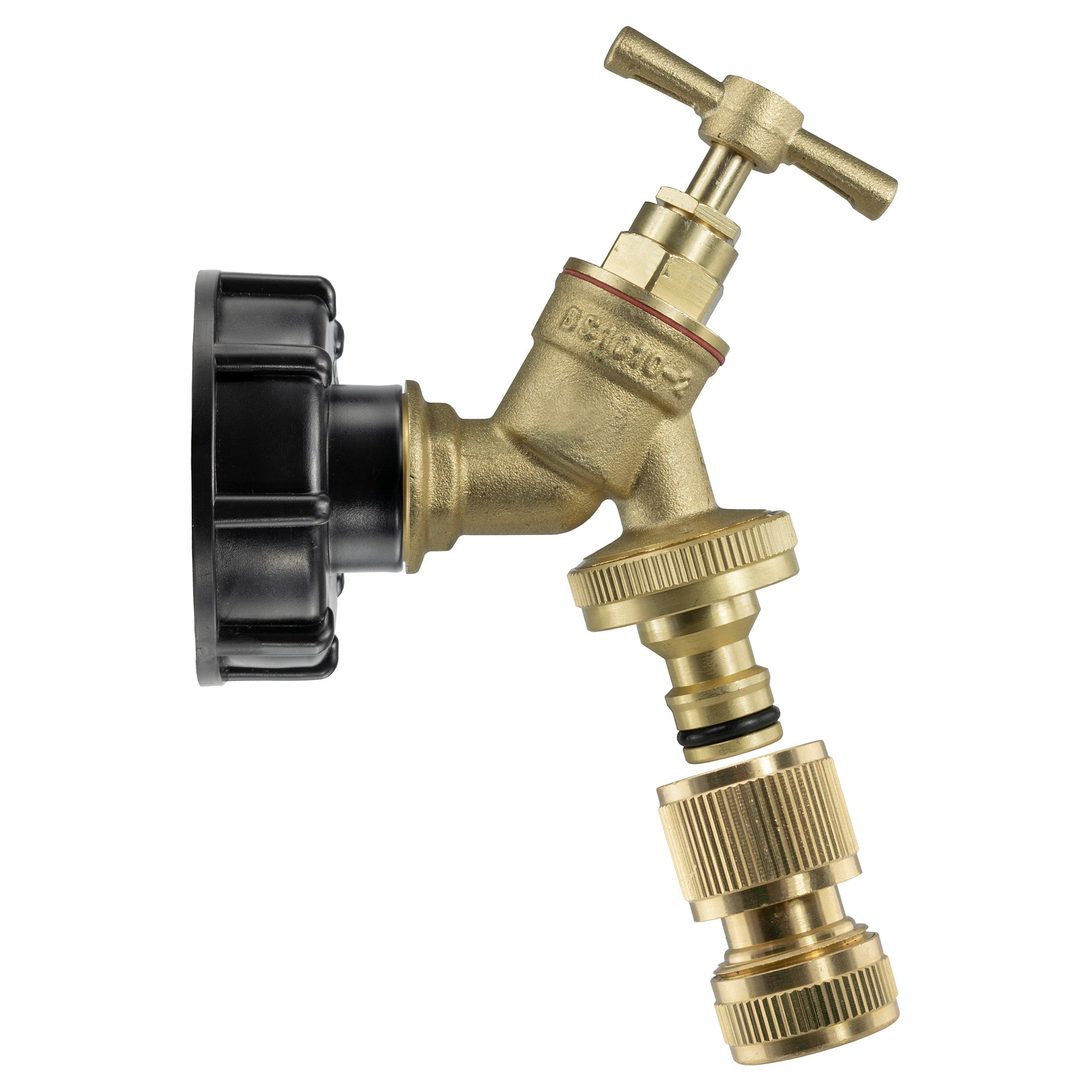 IBC 2” S60X6 cap, brass bib tap with quick-connect fittings and hose connector