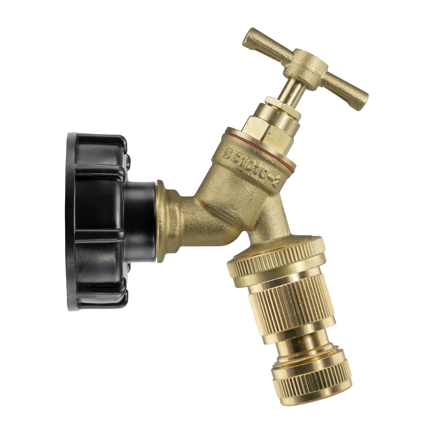 Brass quick-connect tap attached to IBC 2” S60X6 cap with hose connector