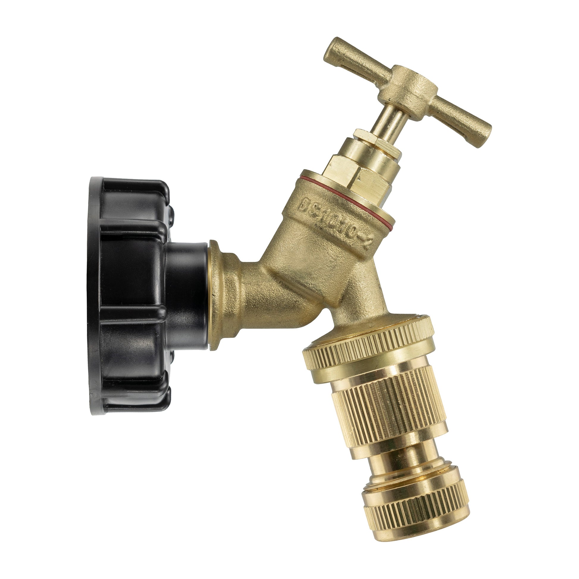 Brass quick-connect tap attached to IBC 2” S60X6 cap with hose connector
