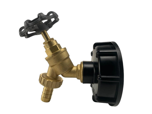 IBC 2” S60X6 cap with brass bib round handle tap, ½” barb