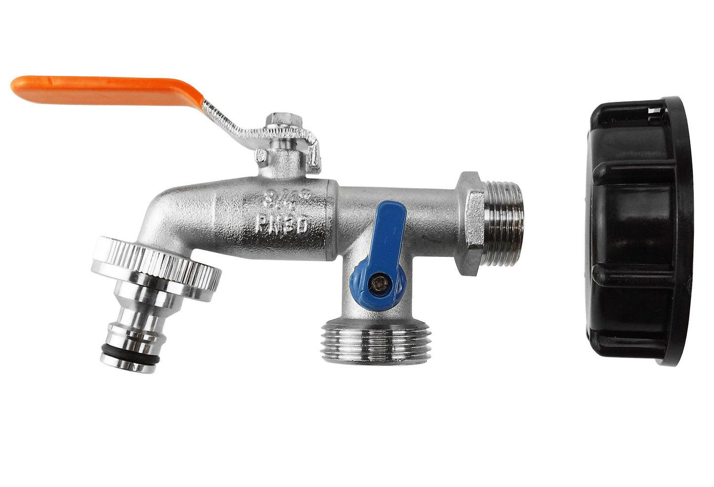 IBC tap cap with double tap, orange lever and blue latch, ¾ BSP side outlet thread