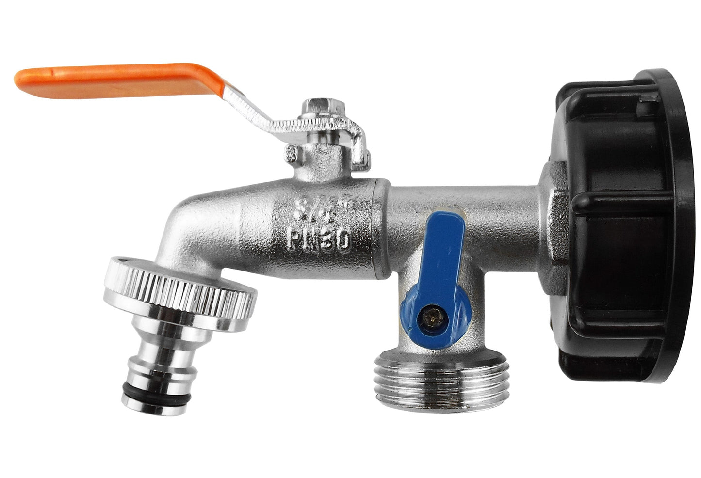 IBC tap cap with double tap, orange lever handle, ¾ BSP outlet thread and fittings