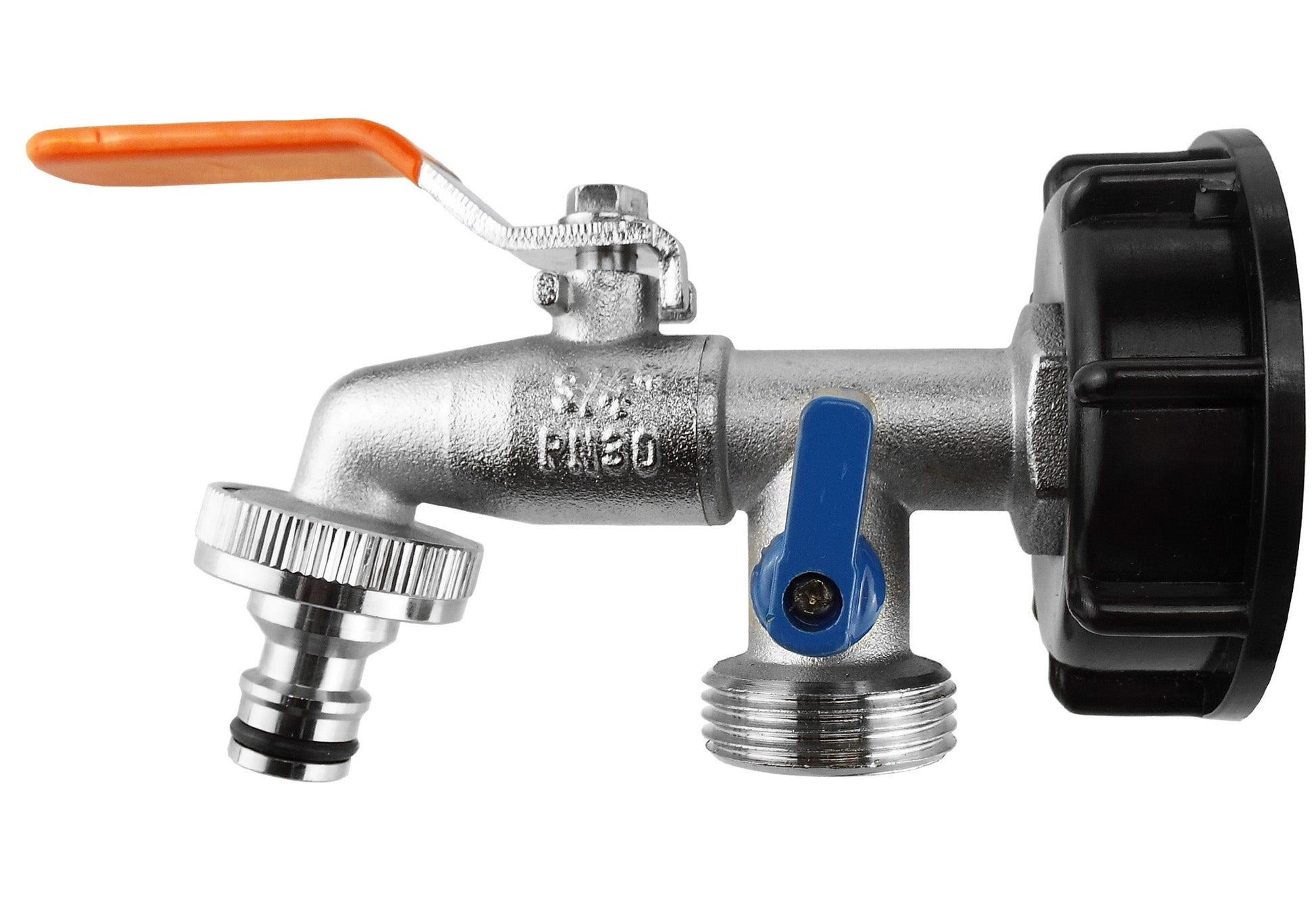 IBC tap cap with double tap, orange lever handle, ¾ BSP outlet thread and fittings