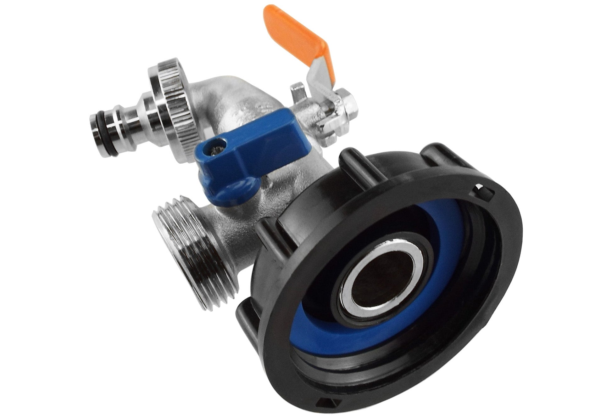 IBC tap cap with double tap, blue latch and orange lever, black IBC ring connection