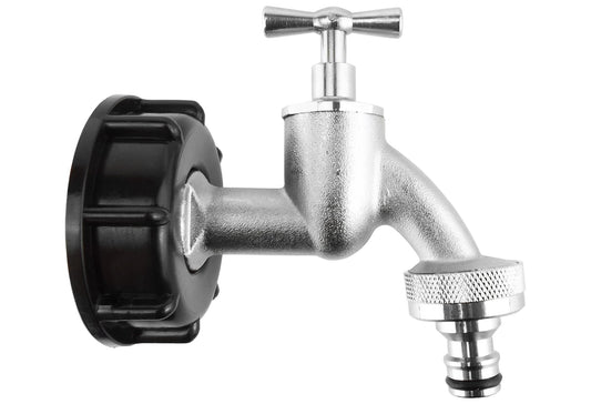 IBC Quick-Connect cap bib tap: nickel-plated metal fitting with black mounting flange