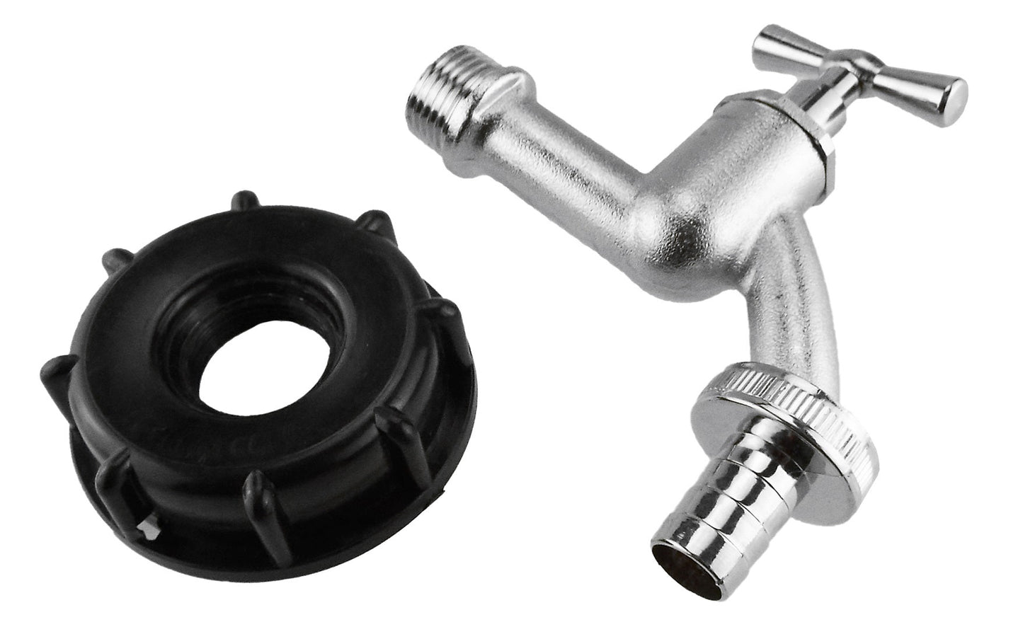 IBC tap component with 2" S60X6 fitting, handle valve, 3/4" barb connection