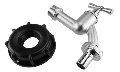 IBC tap component with 2" S60X6 fitting, handle valve, 3/4" barb connection