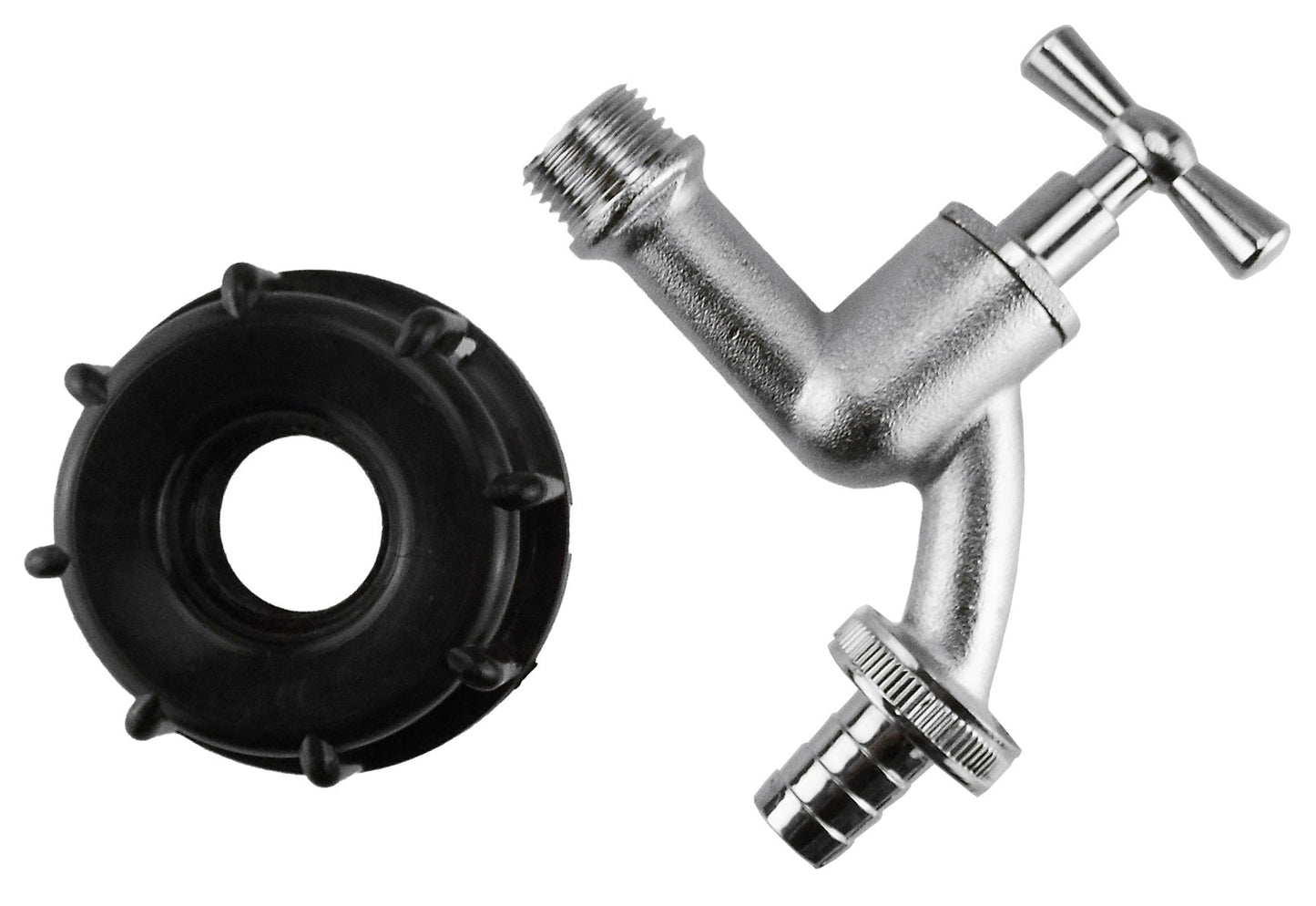 IBC bib tap with 2" S60X6 thread and 3/4" barb outlet, plus black mounting seal