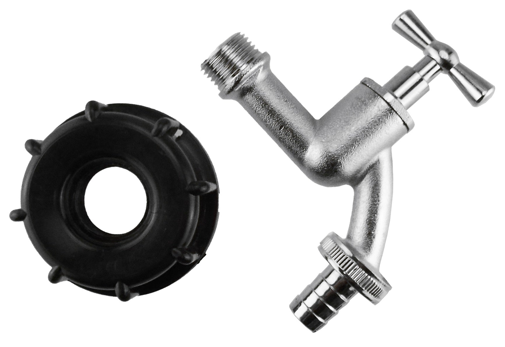 IBC bib tap with 2" S60X6 thread and 3/4" barb outlet, plus black mounting seal