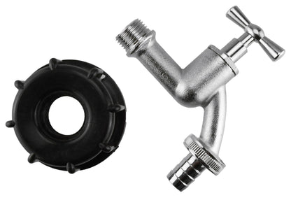 IBC bib tap with 2" S60X6 thread and 3/4" barb outlet, plus black mounting seal