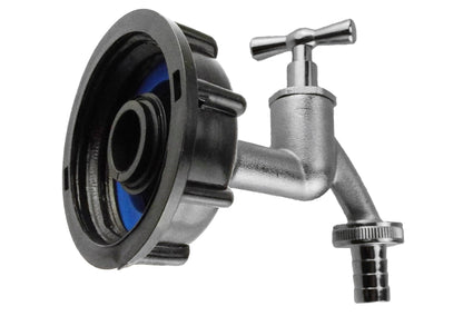 Nickel-plated bib tap on IBC cap with ¾” barb and pipe connection spout