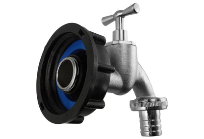 IBC tap cap with black mounting base and blue gasket ring, 3/4" barb