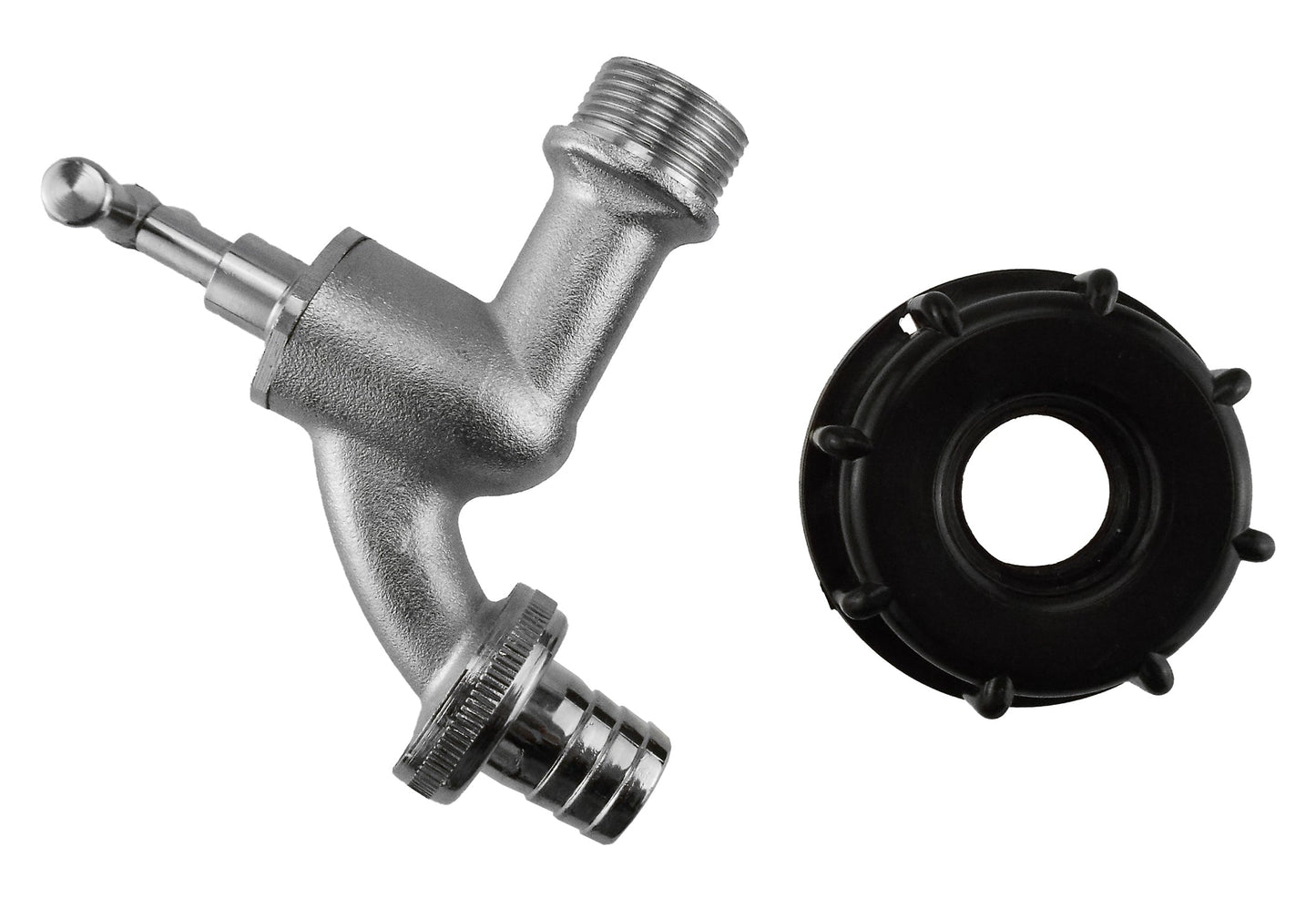 IBC tap spout and 3/4" barb end with black mounting cap and gasket
