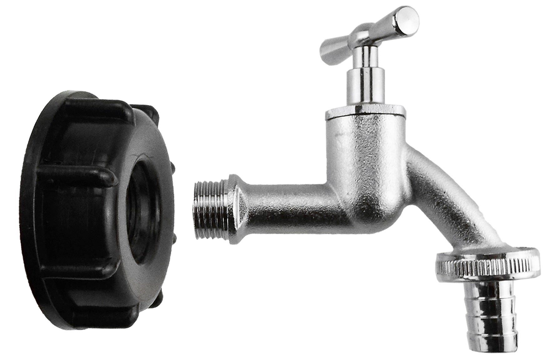 IBC tap with 2" S60X6 thread, 3/4" barb outlet and black cap seal