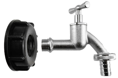 IBC tap with 2" S60X6 thread, 3/4" barb outlet and black cap seal