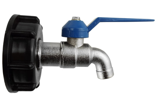 IBC 2" S60X6 Cap plus Gartenhahn 1/2" BSP, blauer Hebel, silberner Ventilkörper