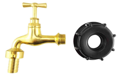 Polished brass bib tap with horizontal outlet and 15mm barb connector