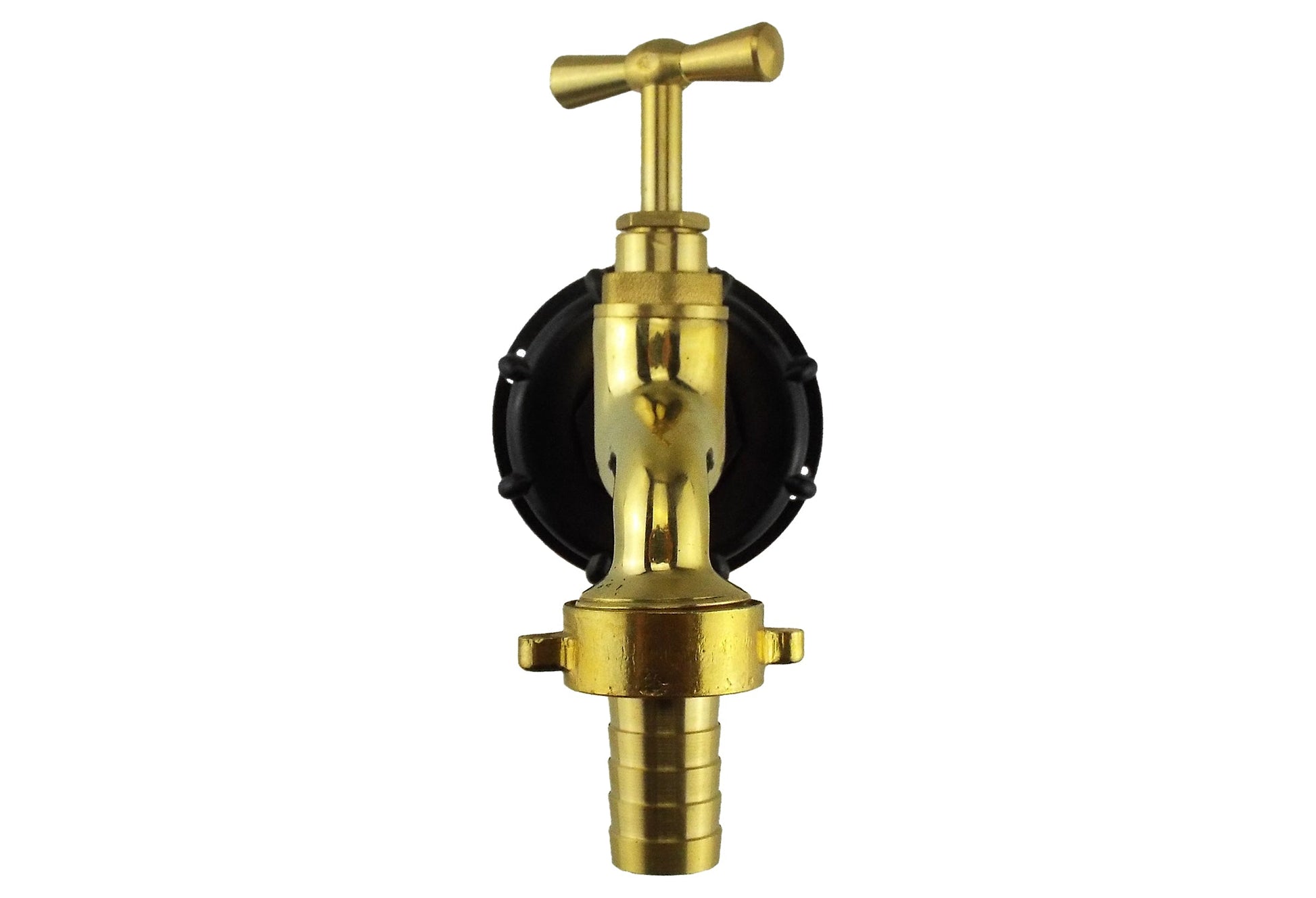 IBC bib tap with polished brass body and black cap with 2x 1/2 markings