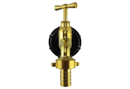 IBC bib tap with polished brass body and black cap with 2x 1/2 markings