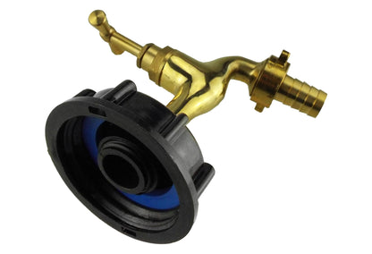 IBC 15mm barb bib tap adapter: black housing, blue insert, brass outlet