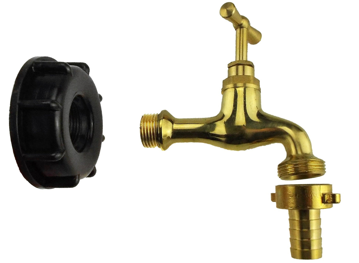 Polished brass bib tap fitting with removable black housing and threaded connection