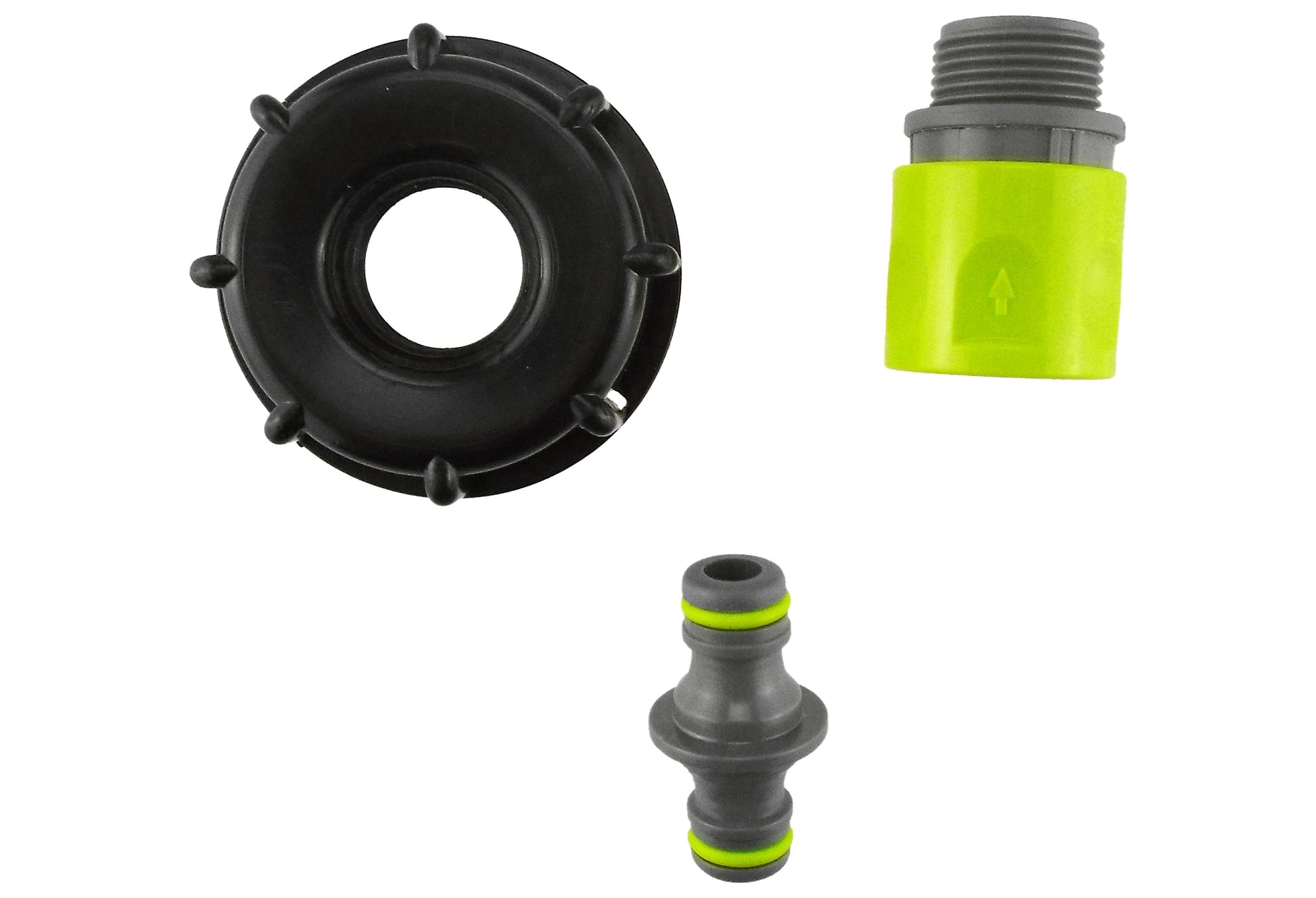 IBC cap, lime connector top, and small gray hose adapter pieces with green seals