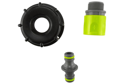 IBC cap, lime connector top, and small gray hose adapter pieces with green seals
