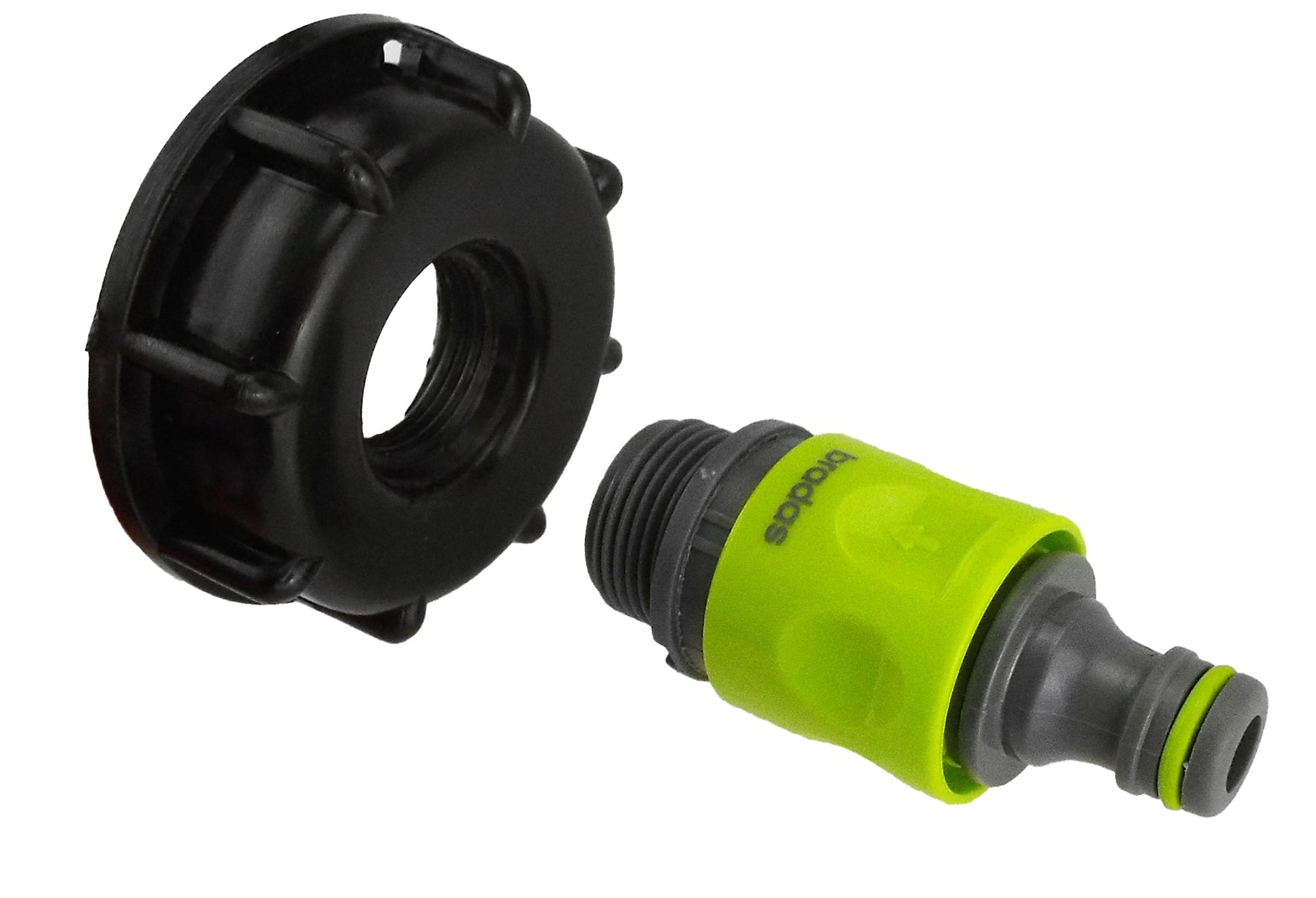IBC cap with lime sleeve and exposed male threads; hose connector with black end piece