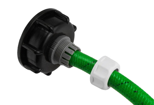 IBC 2” S60X6 cap with 1/2” hose connector, black and gray fitting