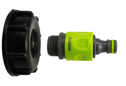 IBC cap and lime hose connector with external thread sections and green O-ring detail