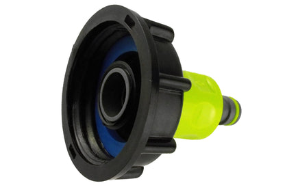 Side view of IBC cap and lime connector with gray nozzle and green-ring seal