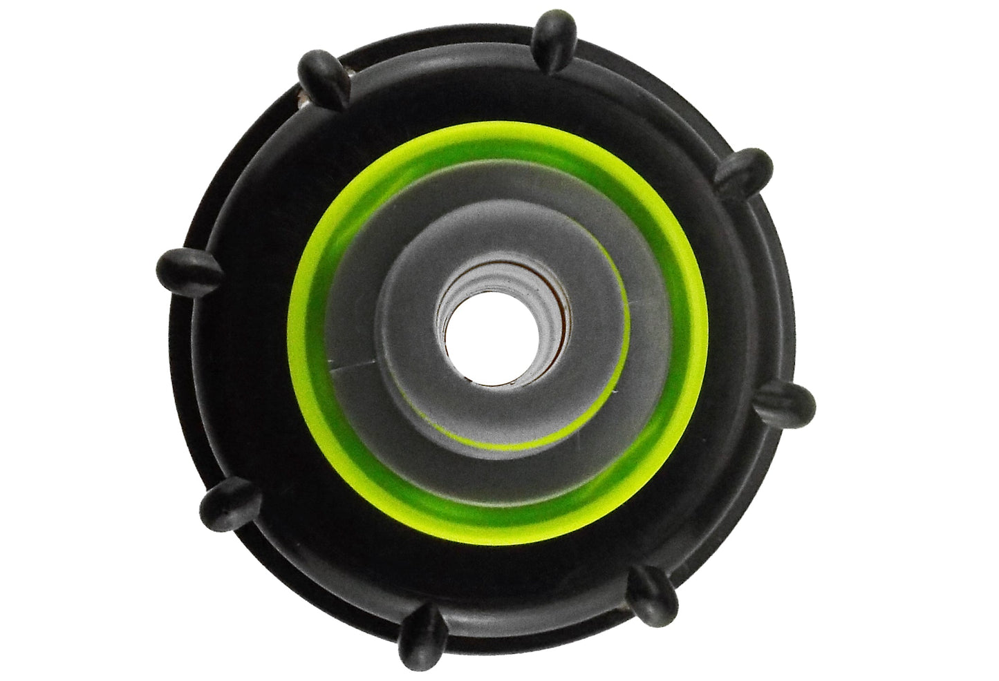 IBC cap face with central hole and lime inner rim; black plastic with green edge