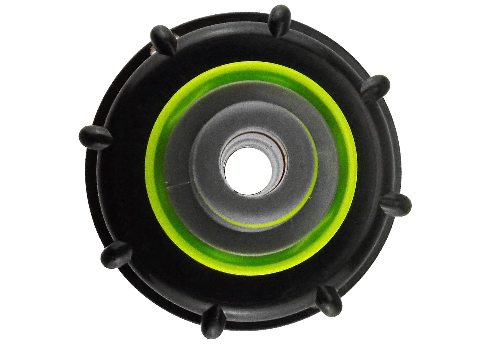 IBC cap face with central hole and lime inner rim; black plastic with green edge