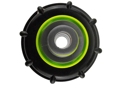 IBC cap face with central hole and lime inner rim; black plastic with green edge