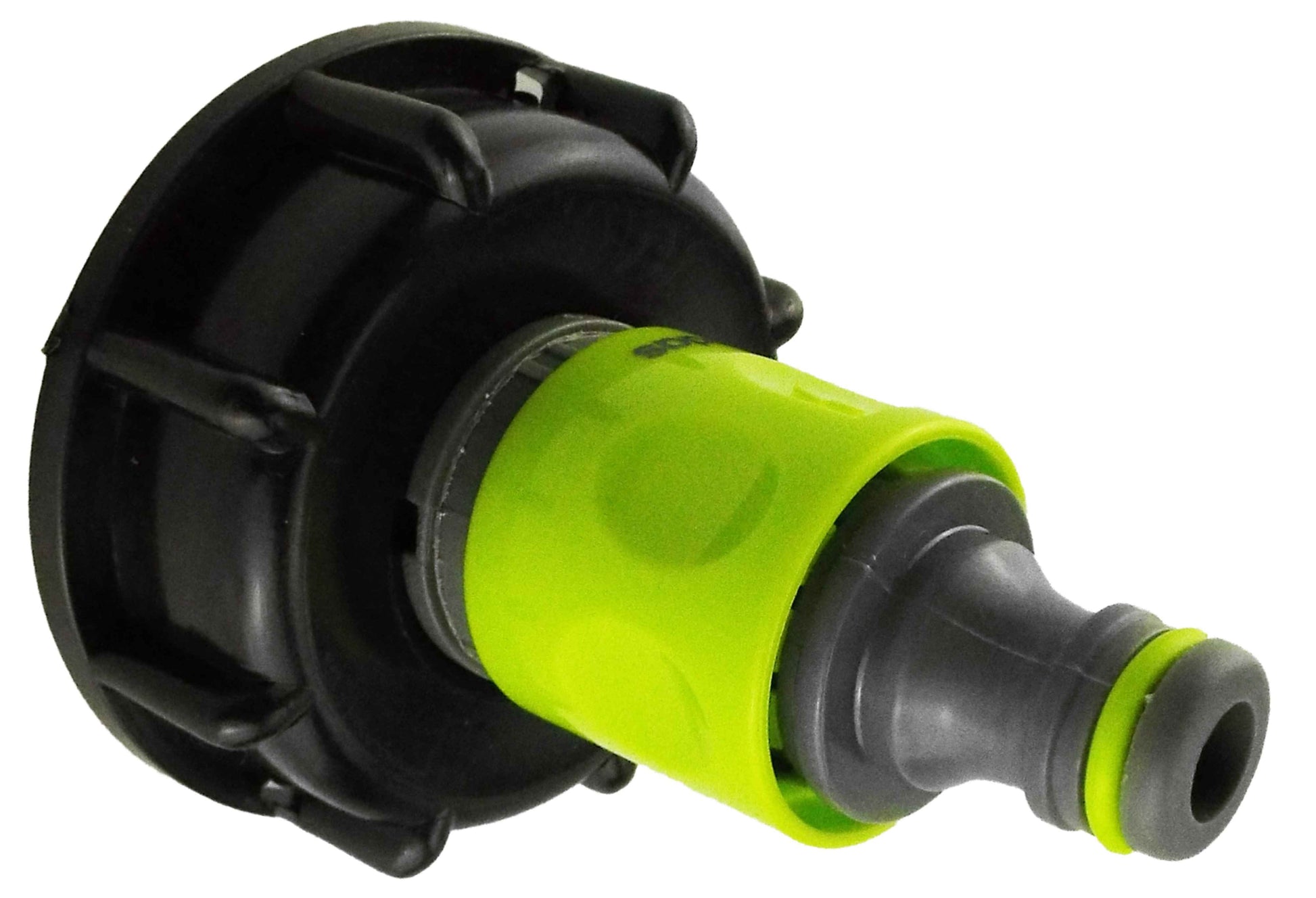 Close angle of IBC cap with lime connector and gray hose nozzle; green-ring seal