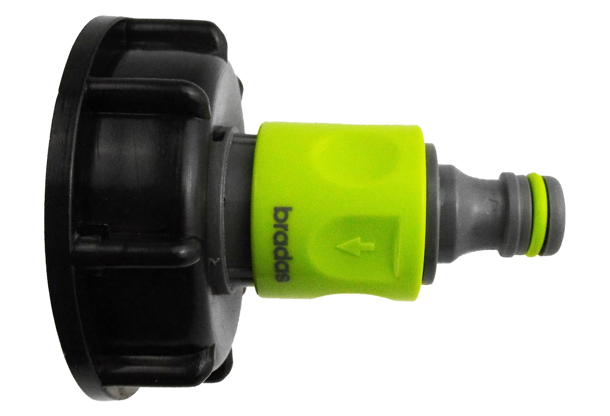IBC cap with lime connector body and gray hose outlet; green-ring sealing band