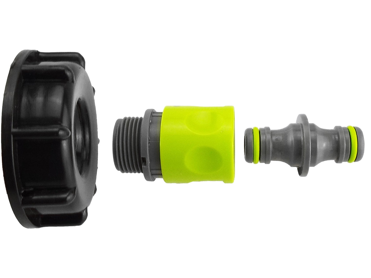 Separated IBC cap and hose connector set; black cap with lime insert and gray nozzle