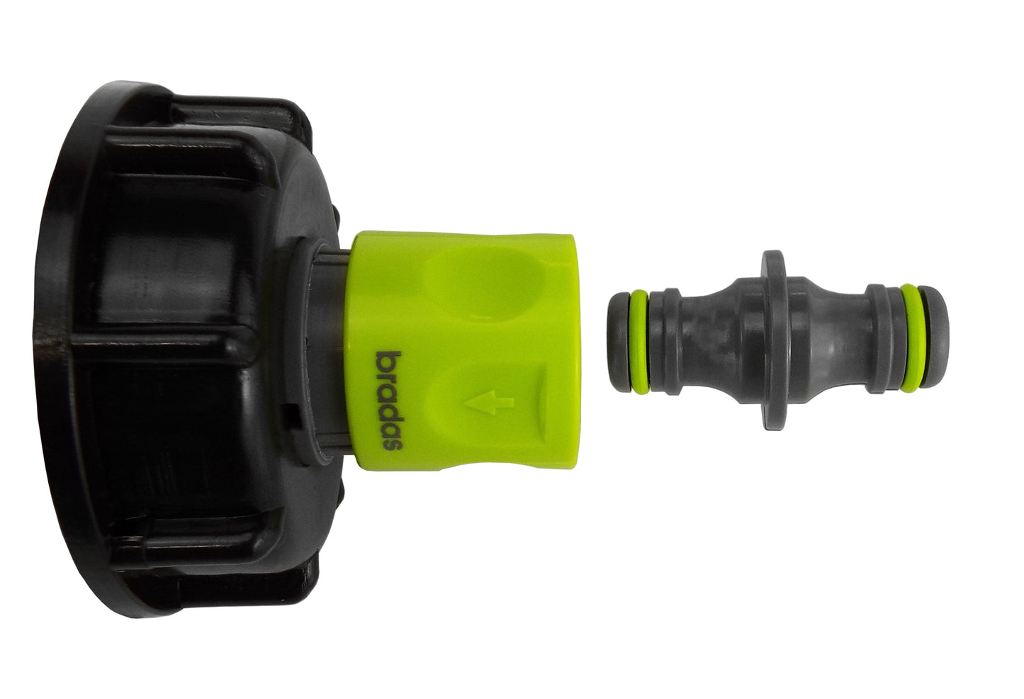 IBC cap with lime connector and gray hose outlet; blue-marked seal area near rim