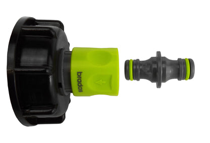 IBC cap with lime connector and gray hose outlet; blue-marked seal area near rim